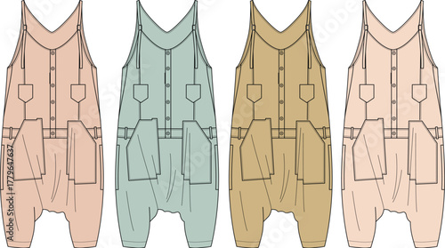 Fashion illustration of various colored overalls for potential clothing design concepts and style ideas