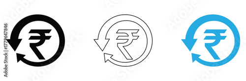 Rupee symbol with arrow refresh icons for financial transactions in India, showing money transfer, refund, or currency exchange in clean designs