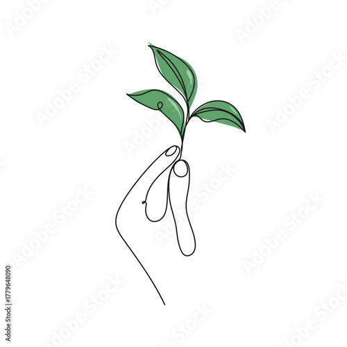 Hand holding a plant. Continuous line botanical and nature vector illustration symbolizing nature, growth, eco-living, mindfulness, sustainability.