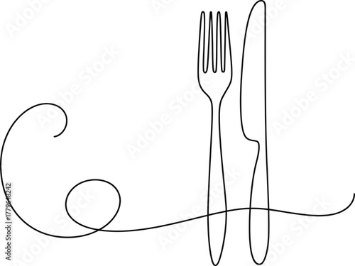 Minimalist Continuous Line Art of Crossed Knife and Fork Utensils on White Background