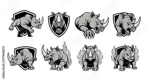 Collection of rhinoceros illustrations in various poses and styles, some with shields and fire elements, in black and white.
