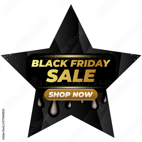 Black Friday sale star shape banner with golden text. Black friday melt label, sticker, icon isolated on black CRYSTAL background. creative graphic for promotional banners, social media