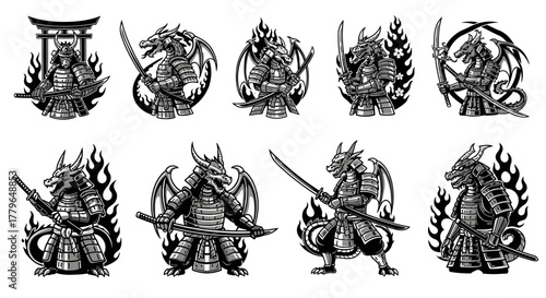 Collection of illustrations featuring samurai figures with dragon heads, wielding swords and armor, set against flames and torii gates.