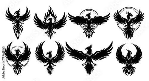 Collection of stylized phoenix bird illustrations in various poses, wings spread.