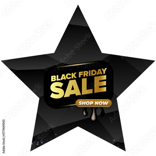 Black Friday sale star shape banner with golden text. Black friday melt label, sticker, icon isolated on black CRYSTAL background. creative graphic for promotional banners, social media