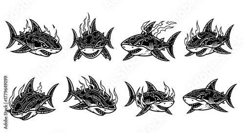 Collection of eight stylized shark illustrations, each with flames emanating from its dorsal fin, in black and white.