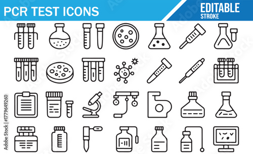 Biotechnology and diagnostic test icons set representing PCR equipment, samples, and scientific instruments
