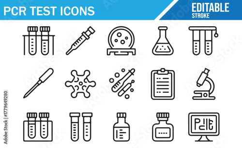 Flat outline icons for molecular biology, PCR tests, and virus detection in clinical research graphics