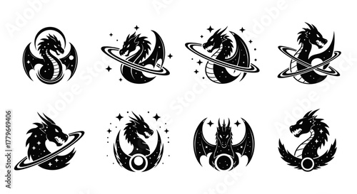 Collection of dragon illustrations entwined with celestial elements like planets, stars, and moons in a black and white style.