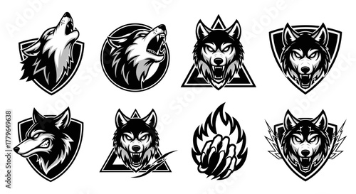 Collection of stylized wolf illustrations, each depicting a different pose and expression, in black and white.