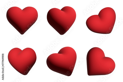 Six isolated red 3d hearts various angles