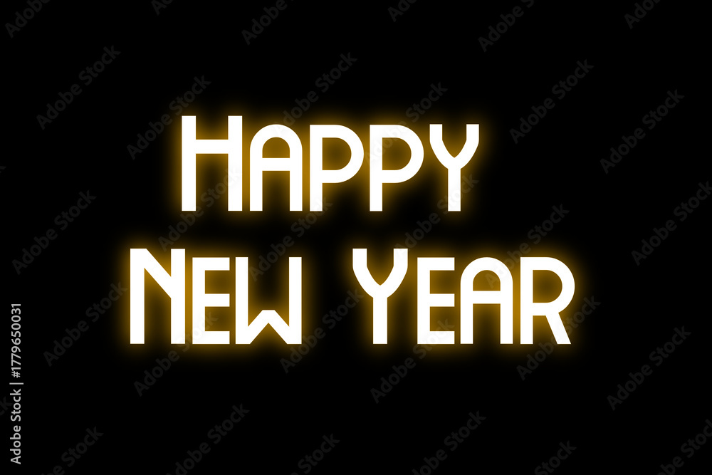 Obraz premium Happy New Year card. Text with a yellow glow isolated on a black background.