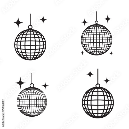 Four hand drawn disco balls suspended with sparkling stars in a simple black and white illustration