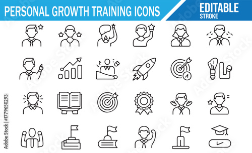 Professional Growth Line Icons Set for Business Training and Career Success