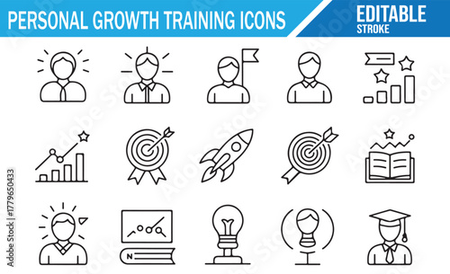 Personal Growth and Training Icons Set – Line Style Vector Illustrations Representing Self-Development, Business Skills, Leadership, Career Education, Motivation, and Professional Success.
