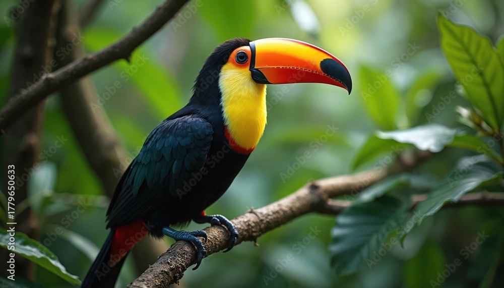 Naklejka premium Colorful toucan bird sits on tree branch in rich jungle. Exotic animal with large vibrant beak perches in green rainforest. Wild creature observes natural habitat with black plumage, yellow chest,
