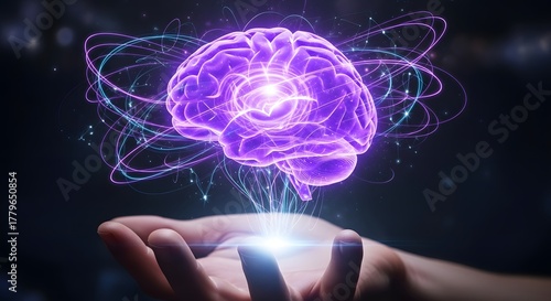 Bright purple glowing brain held in a hand with orbiting energy rings. Quantum computing, high-speed data processing, and intelligence. Hand holding an ethereal projection of the human mind