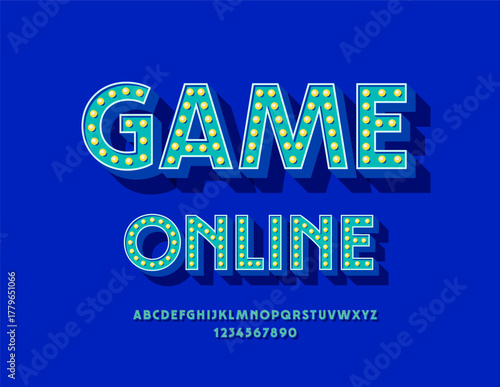Vector Creative emblem Game Online. Trendy style Font with Lightbulbs. Retro style Alphabet Letters and Numbers set with Lamps