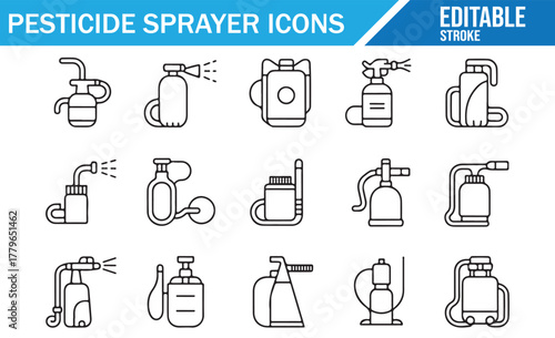 Pesticide Sprayer Vector Icons Set – Outline Line Style Agriculture Spray Bottles, Garden Pressure Pumps, and Chemical Equipment Illustrations for Farming, Pest Control, and Gardening Tools