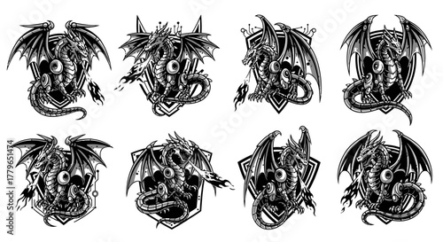 Collection of detailed dragon illustrations in black and white, featuring winged creatures with shields and intricate designs.
