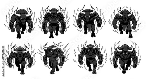 A series of stylized black bulls charging forward with energy effects.