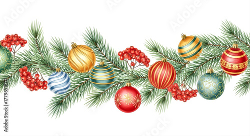 Festive Christmas Garland with Colorful Ornaments and Pine Sprigs for Holiday Decor. Christmas and New Year Garland
