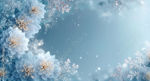 Winter Floral Scene with Snowflakes and Frosty Blue Hue for Holiday Cards and Designs. Winter background