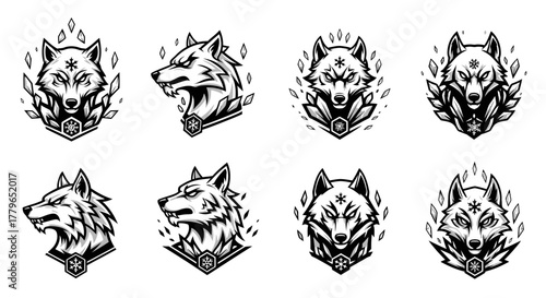 A set of eight wolf head designs in black and white, each with unique details and surrounding elements.
