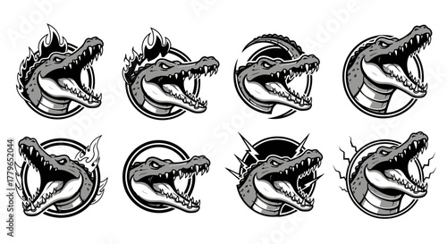 Eight alligator head designs in circles with varied effects like fire, lightning, and claw marks.