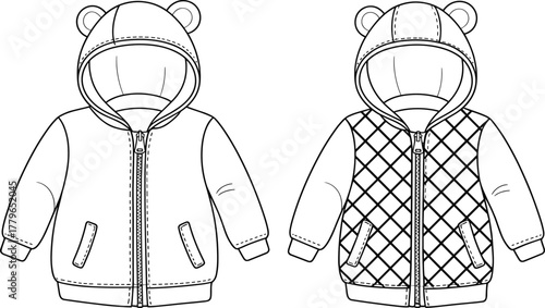 Children hooded jacket vector, baby hoodie CAD drawing, bear ear hood, quilted kids clothing design, outerwear template, flat vector illustration