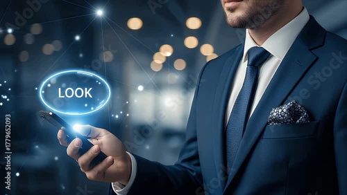 Man in Suit Engaging with Futuristic Mobile Technology