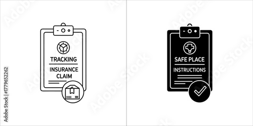 Clipboard with tracking insurance claim and safe place instructions isolated on white