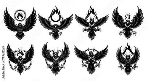 Eight stylized illustrations of a bird of prey, possibly an eagle or hawk, with wings spread, some surrounded by flames.