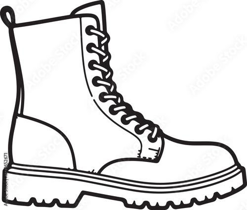 Black and white outline drawing of a lace-up combat boot with a thick sole shoe footwear on transparent background
