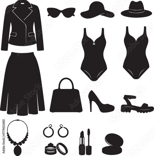 Black silhouette collection of women's fashion items including clothing accessories and makeup vector on transparent background