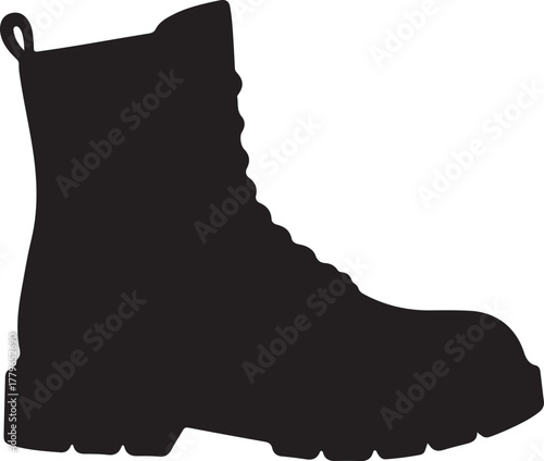 Black silhouette of a high-top work boot on a white background Keywords: boot, work boot, footwear, shoe, silhouette, black, isolated, white background, heavy duty, rugged, on transparent background