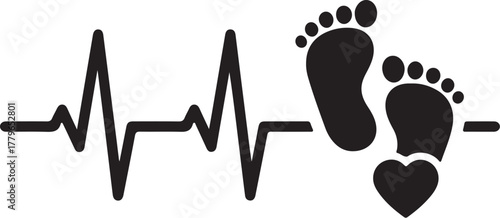 Heartbeat line with baby footprints and heart icon on white background Keywords: heartbeat, electrocardiogram, ekg, pulse, life, baby, infant, child, footprints, feet, toes, on transparent background