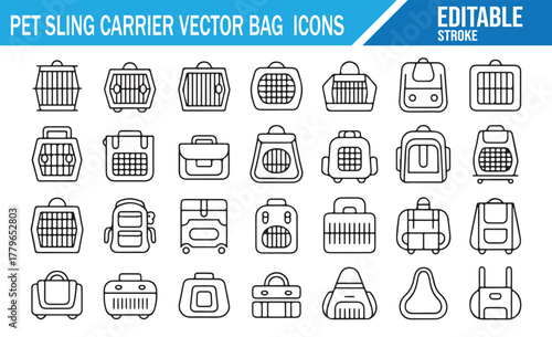 Pet Accessories Outline Icon Set – Travel Bags, Kennels, and Crates