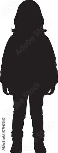 Silhouette of a child wearing a jacket and jeans standing with arms at sides on a white background person on transparent background