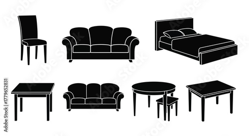 Black silhouette furniture set including sofas chairs beds and tables