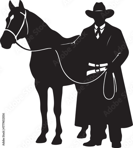 Silhouette of a cowboy in a hat and long coat standing next to a horse with a halter and lead rope rancher on transparent background
