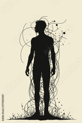 Silhouette of a man surrounded by chaotic swirling lines, symbolizing confusion, anxiety, inner struggle, or mental entanglement in a minimalist vector art style.