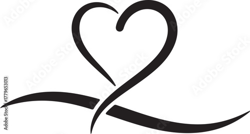 Stylized black silhouette of a heart intertwined with a flowing ribbon or swirl love romance on transparent background