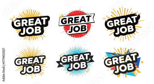 Colorful great job badges and labels with starburst effects displayed
