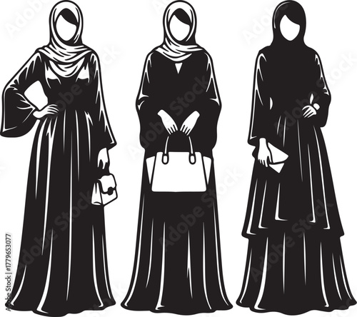 Three Stylized Silhouettes of Women in Hijabs and Abayas Holding Handbags fashion on transparent background