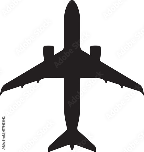 Top-down silhouette of a modern passenger airplane with wings extended on a white background aircraft on transparent background