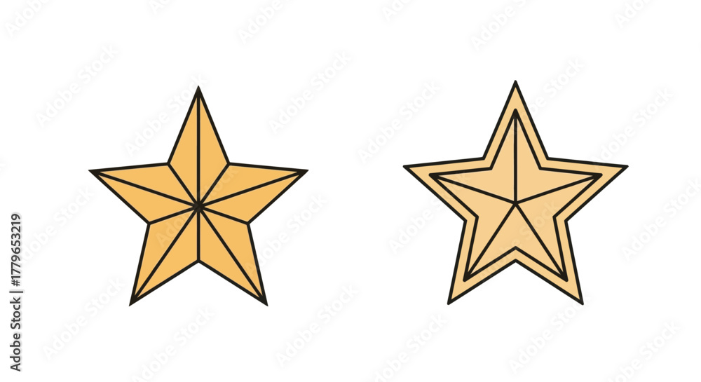 Obraz premium Two golden five pointed stars with black outlines are displayed side by side