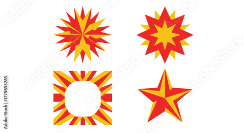 Four vibrant starbursts and star shapes in shades of red and yellow