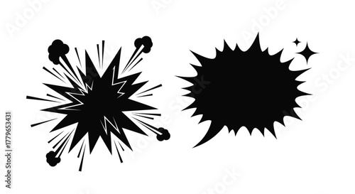Black comic book explosion and speech bubble graphic elements isolated