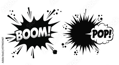 Comic book style explosion effects with boom and pop text overlays